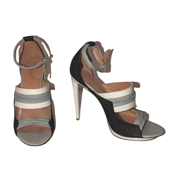 L.A.M.B. Shoes - L.A.M.B Jane Suede Leather Color Block Open Toe Naked Blue Sandal Stiletto Heels